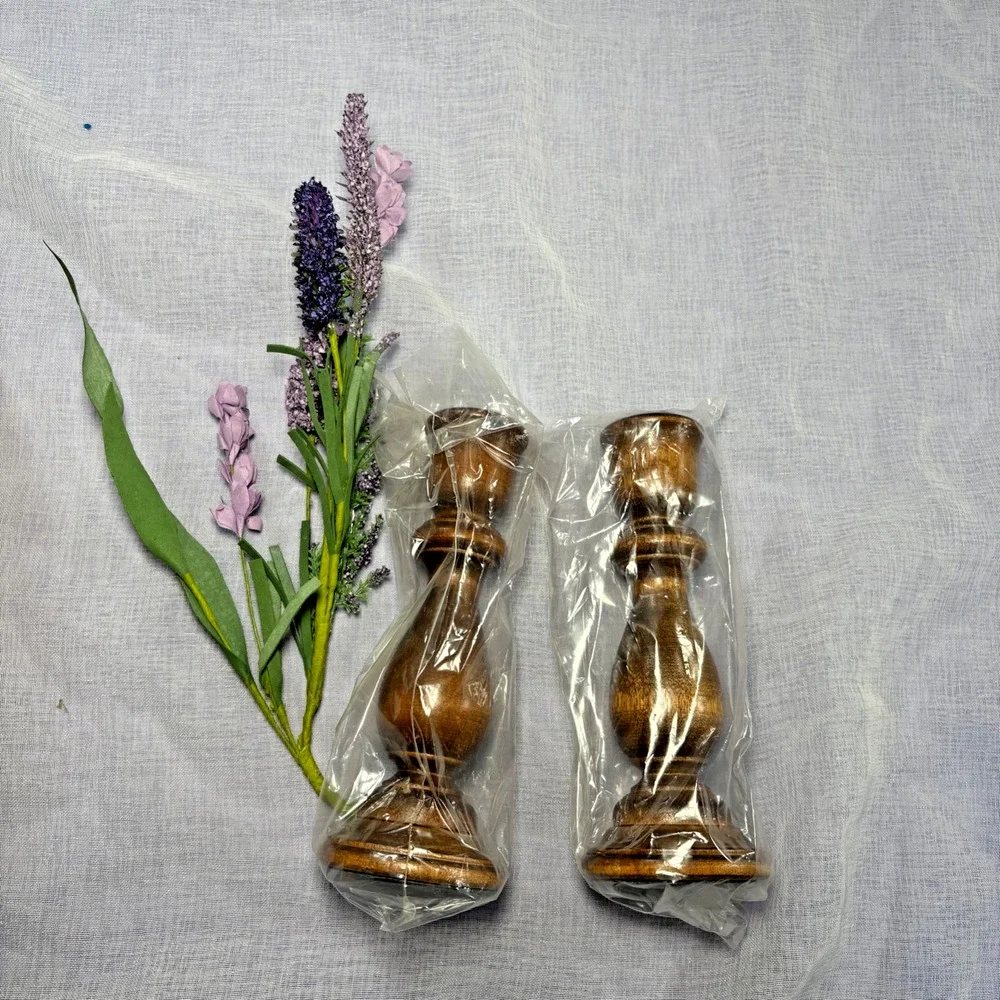 Vintage (NIB) Solid Brass and Spun Wood Candlestick Holder 7” Set of 2 Rustic